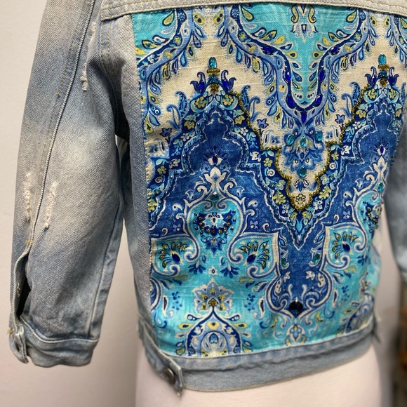 Handmade Denim Jean Jacket Size XS Crystals Beads - Picture 6 of 9